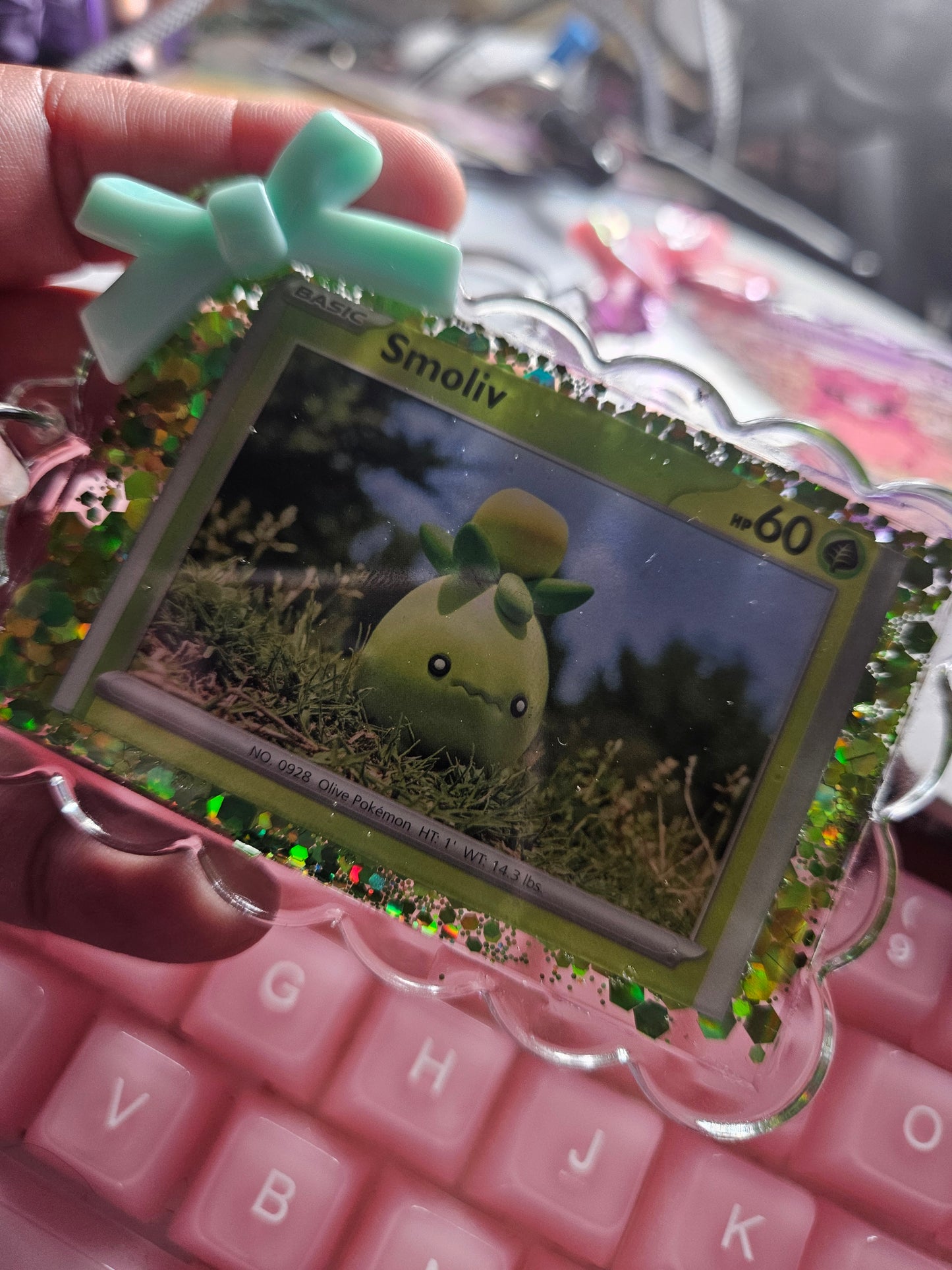 Smoliv pokemon card keychain